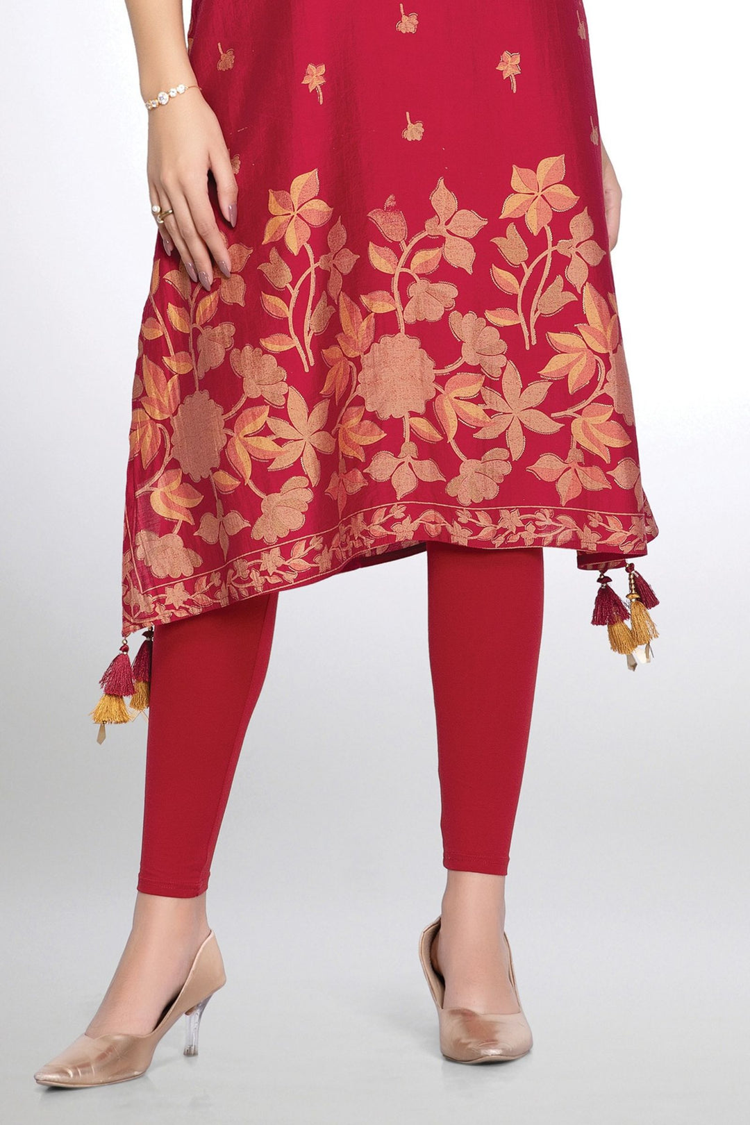 Red Mirror, Sequins and Beads work with Digital Print Calf Length Kurti