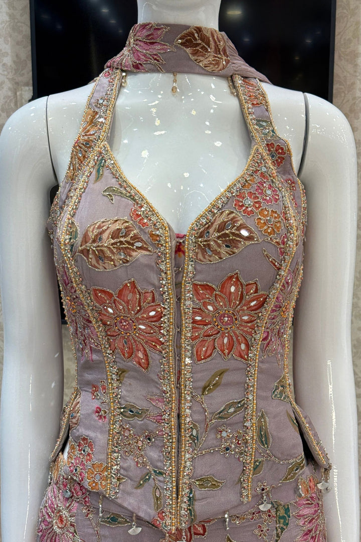 Lilac Halter Neck Palazzo Set with Zardozi, Zari, Beads, Sequins, Stone and Mirror Detailing