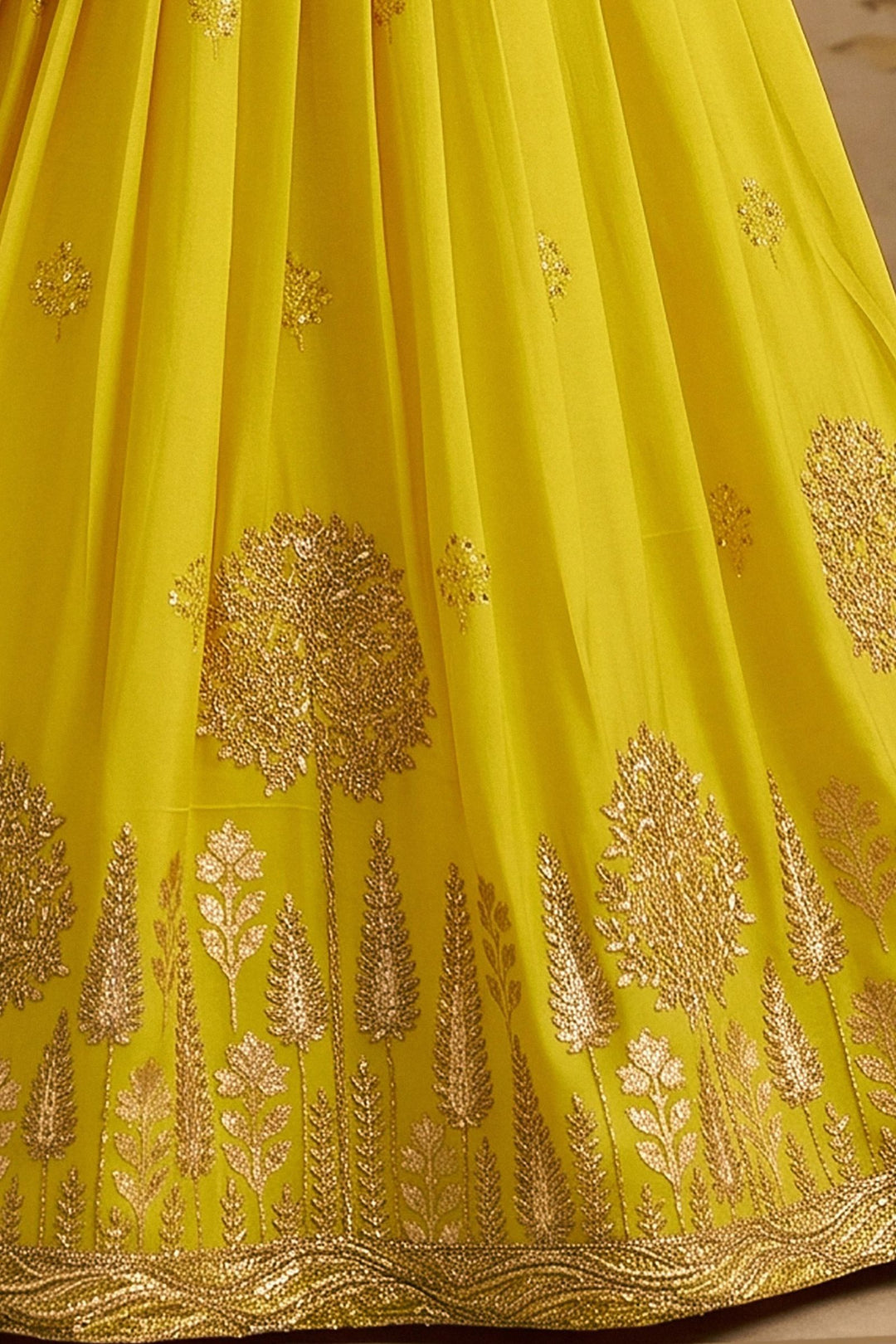 Mustard Yellow Halter Neck Girls Lehenga Choli with Gold Zari Embroidery and Sequins work