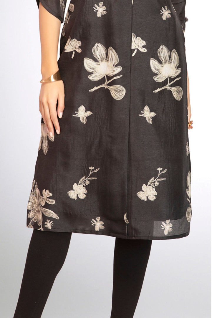 Black Stone work with Floral Print Calf Length Kurti