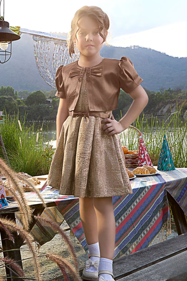 Brown Jacket Styled Short Frock For Girls