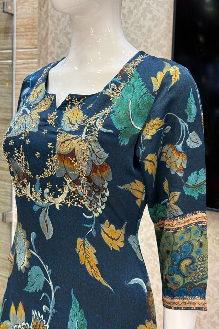 Peacock Blue Sequins, Zardozi and Beads work with Digital Print Straight Cut Salwar Suit