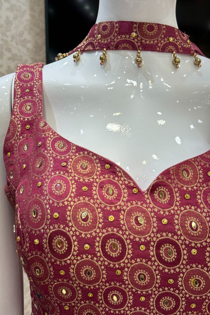 Magenta Stone, Mirror and Brocade work Palazzo Suit Set