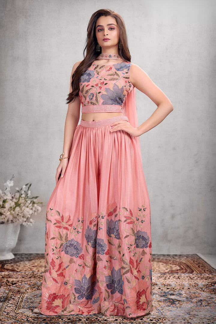 Peach Multicolor Thread, Beads, Sequins and Zari work Palazzo Suit Set for Girls