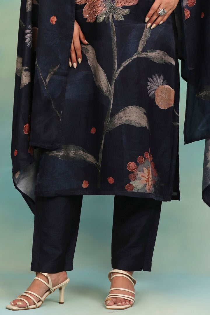Navy Blue with Floral Print, Sequins and Beads work Straight Cut Salwar Suit