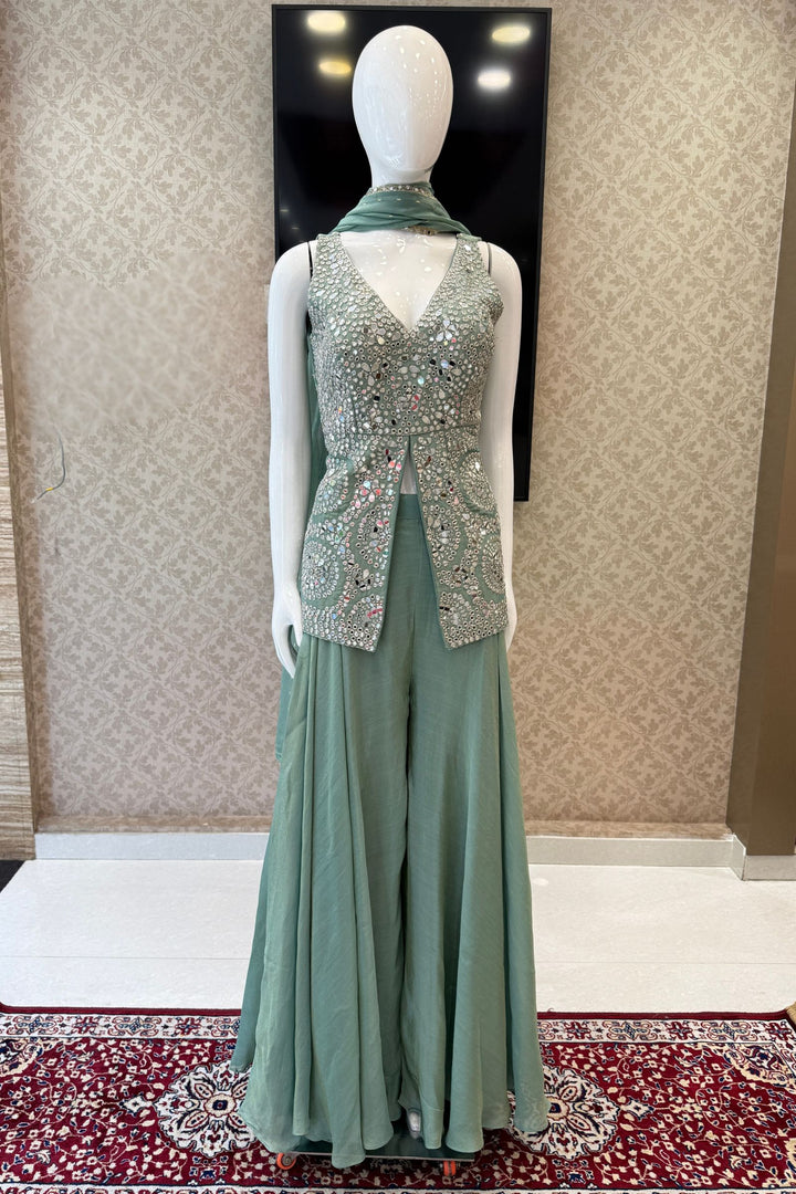 Sea Green Mirror, Zari and Stone work Top with Palazzo Pant Set