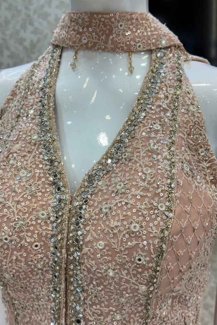 Peach Halter Neck Palazzo Set with Chikankari, Beads, Sequins, Mirror and Stone Detailing