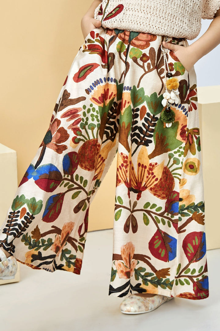 Beige Multicolor Digital Print Top and Palazzo Set for Girls