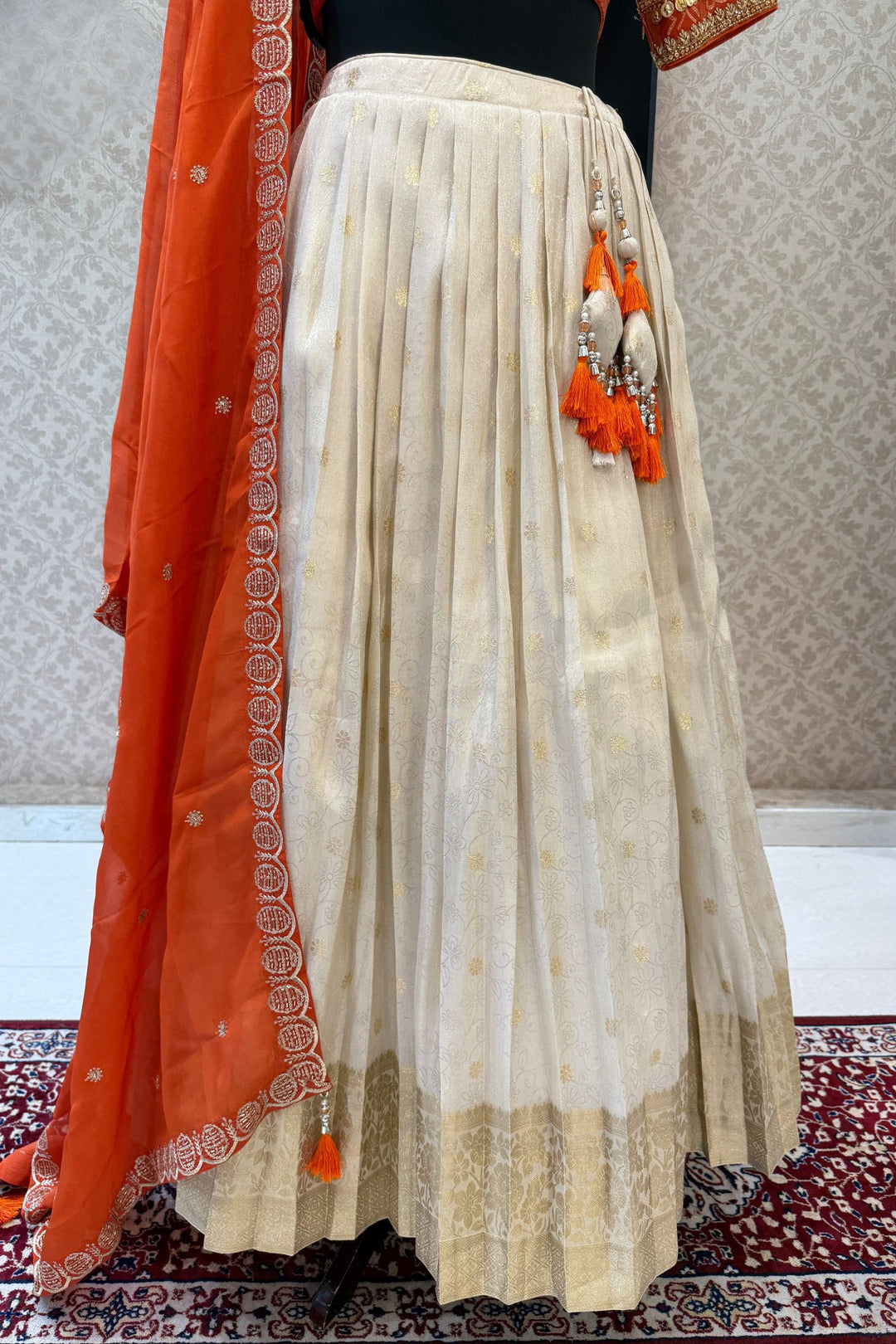 Orange with Cream Banaras, Zardozi, Sequins, Beads and Zari work Crop Top Lehenga