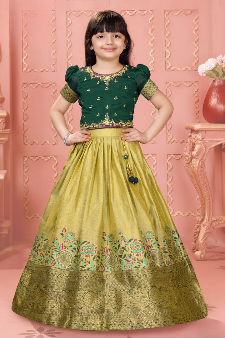 Bottle Green with Pista Green Sequins and Banaras Zari work Lehenga Choli for Girls