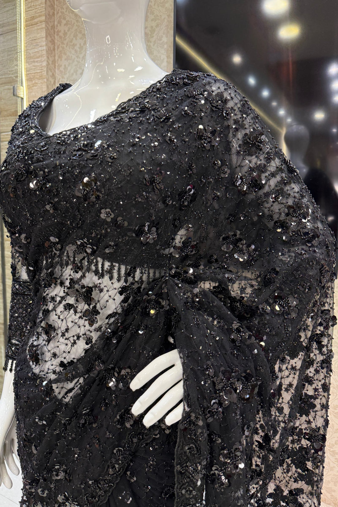 Black Beads and Sequins work Saree with Designer Blouse