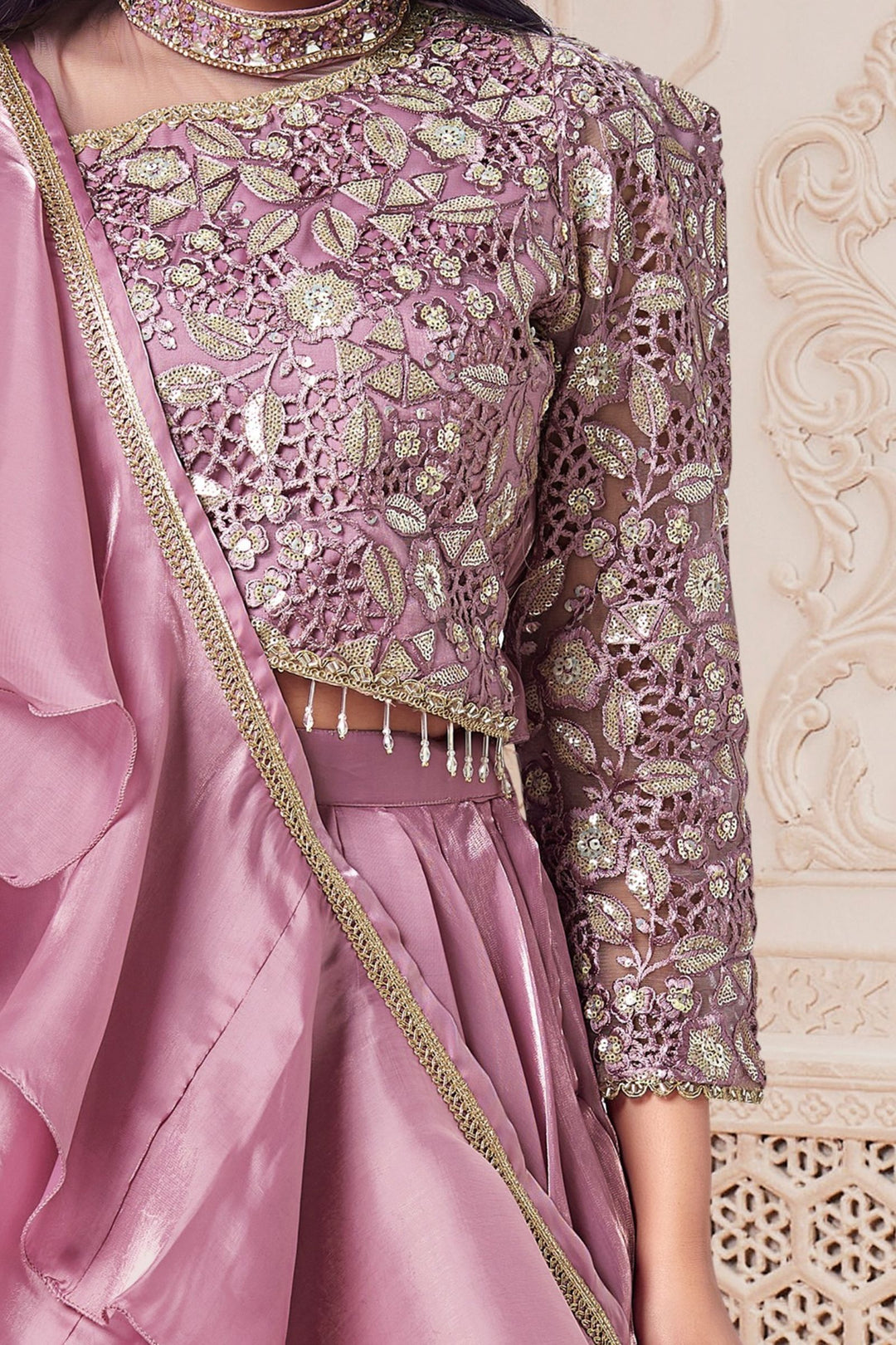Lavender Embroidery, Sequins, Beads, Mirror, Zari and Stone work Lehenga Choli for Girls