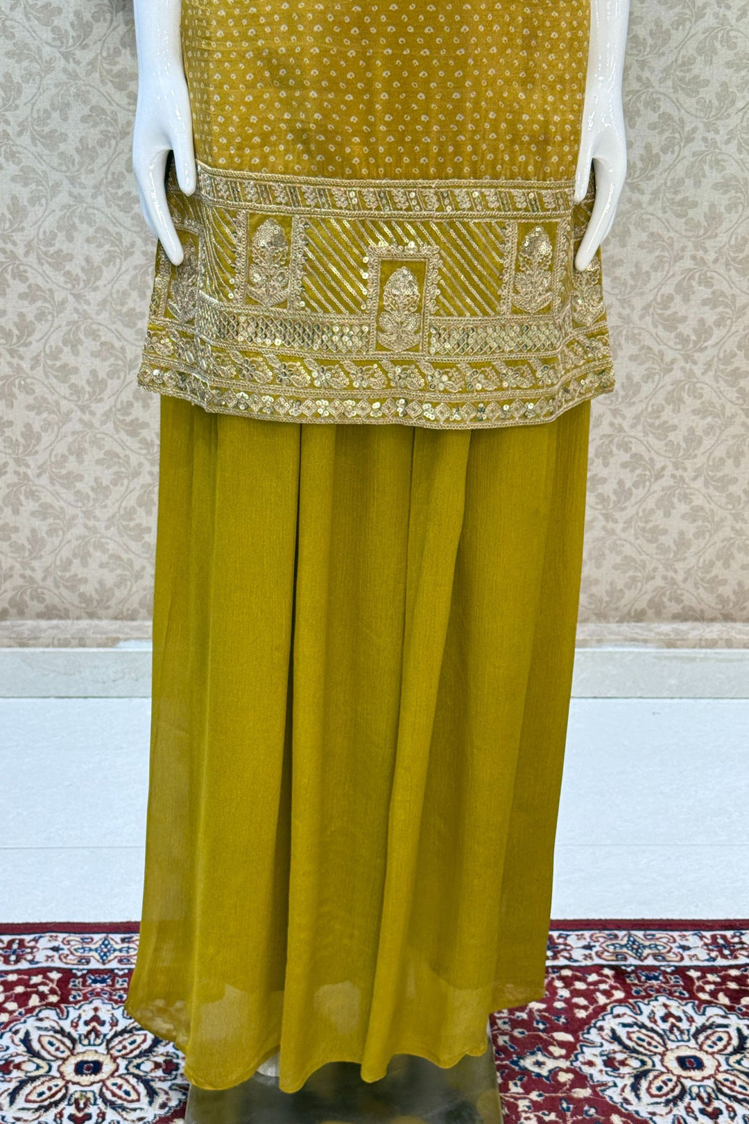 Mustard Sequins, Beads, Stone and Zari work with Bandini Print Palazzo Salwar Suit