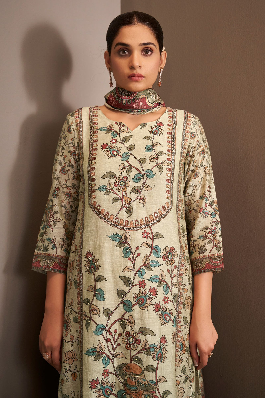 Beige Beads and Sequins work with Digital Print Straight Cut Salwar Suit