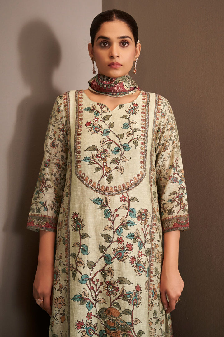 Beige Beads and Sequins work with Digital Print Straight Cut Salwar Suit