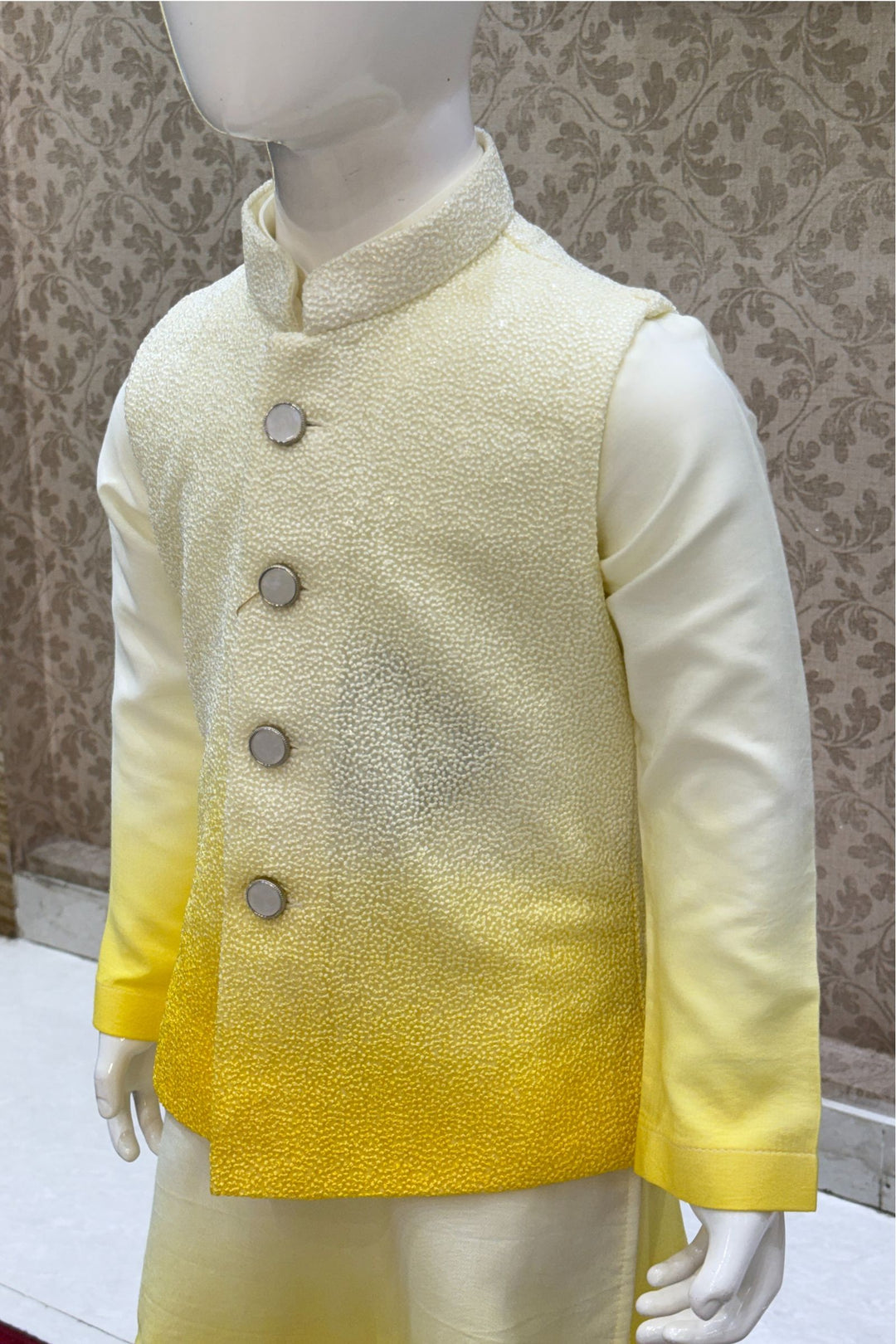 Lemon Yellow Shaded Thread and Sequins work Waist Coat Kurta Set for Boys