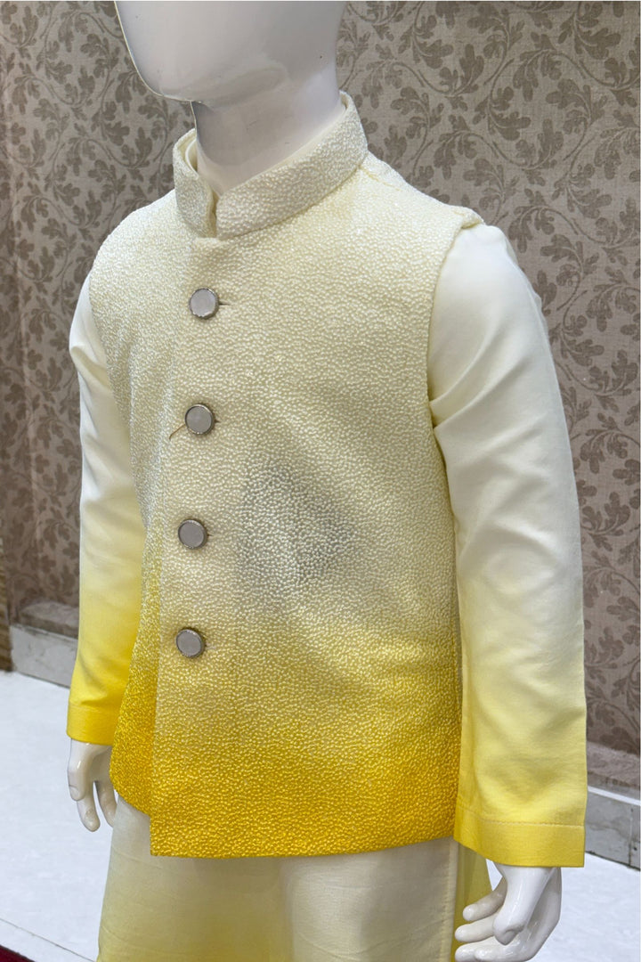 Lemon Yellow Shaded Thread and Sequins work Waist Coat Kurta Set for Boys