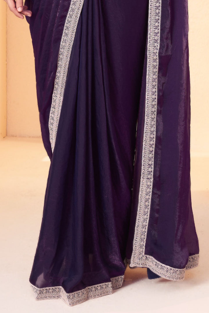 Purple Readymade Saree with Pearl, Zari, Mirror and Stone work Readymade Blouse