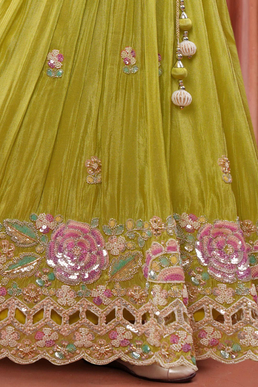 Lemon Green Beads and Sequins work Lehenga Choli for Girls