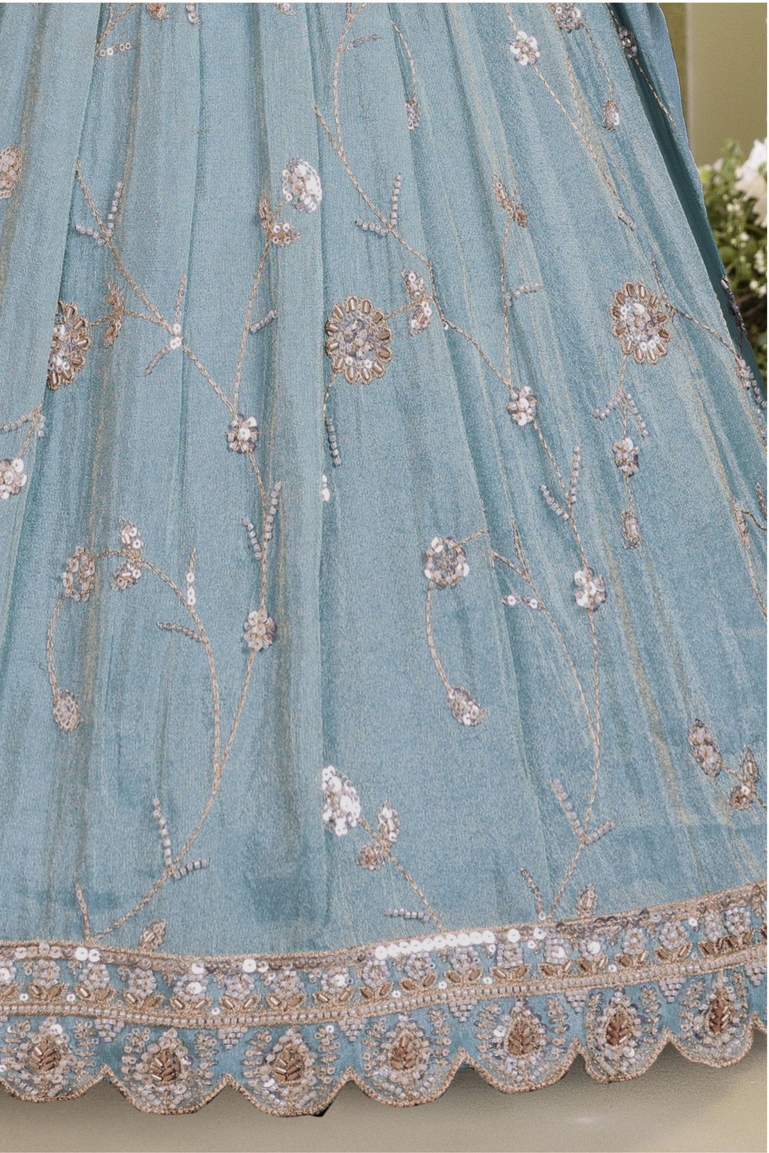 Sea Blue Beads, Sequins and Zari work Jacket Styled Long Party Gown for Girls