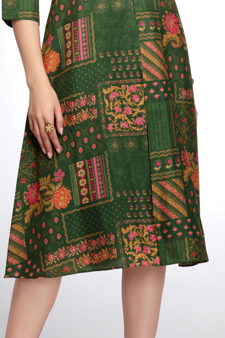 Green Beads, Stone and Sequins work with Multicolor Digital Print A-line Cut Calf Length Kurti