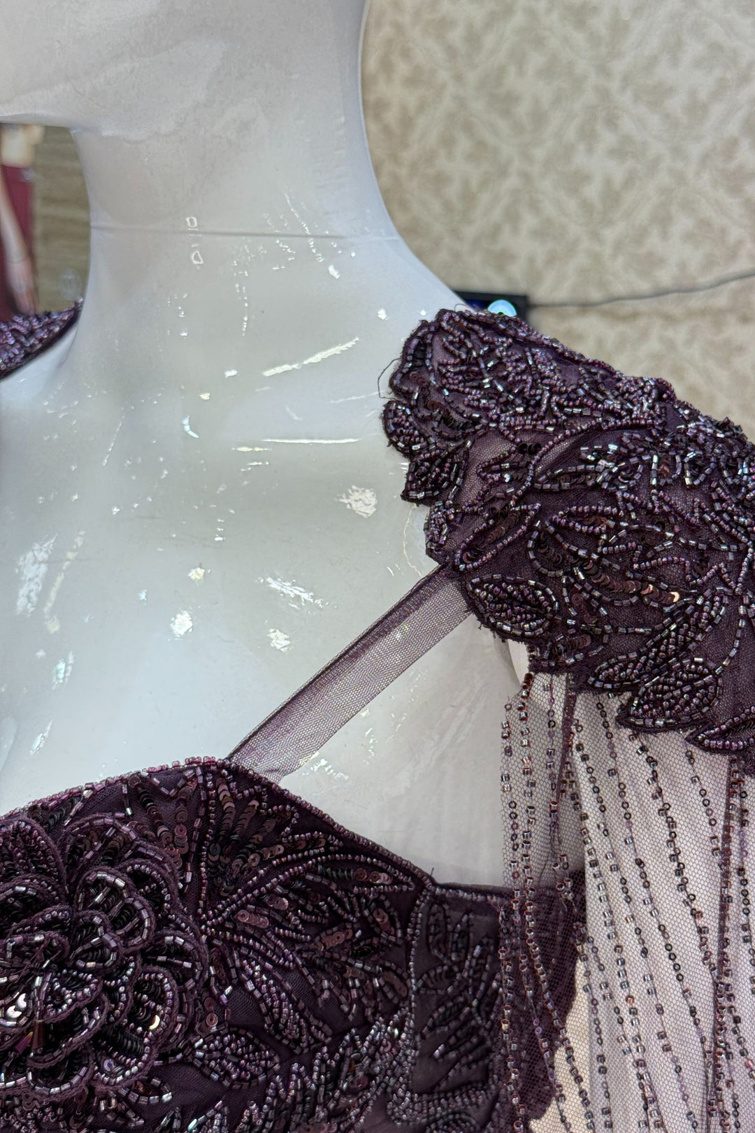 Wine Indo-Western Styled Beads and Sequins work Crop Top and Cowl Skirt