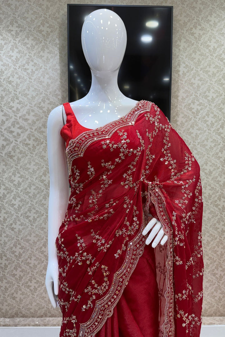 Red Saree with Intricate Zari, Sequin and Beads work