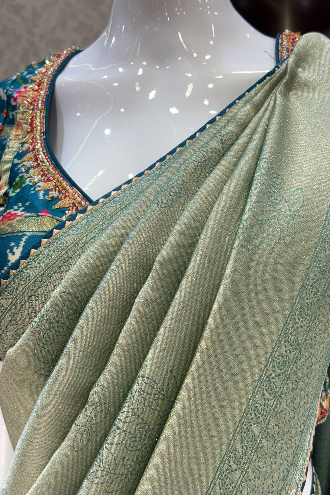 Sea Green Saree with Peacock Blue Beads, Zari and Sequins work with Pochampally Print Blouse