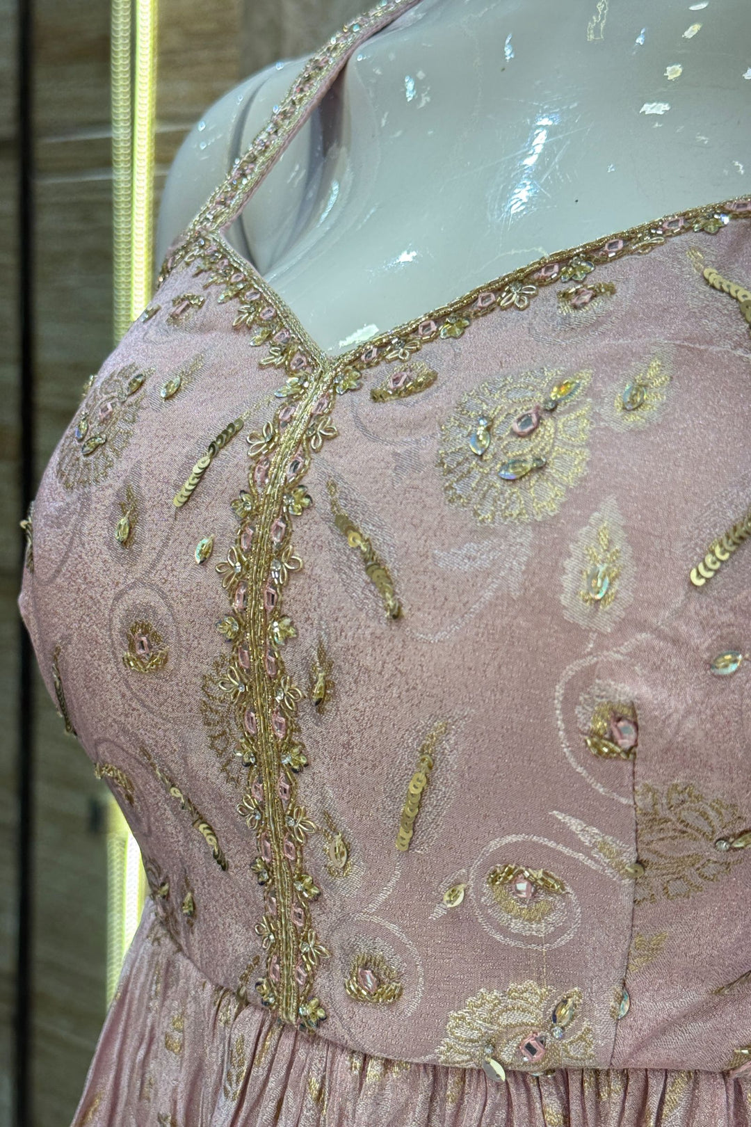 Baby Pink Banaras, Beads, Zardozi, Stone and Mirror work Peplum Top with Palazzo Suit Set