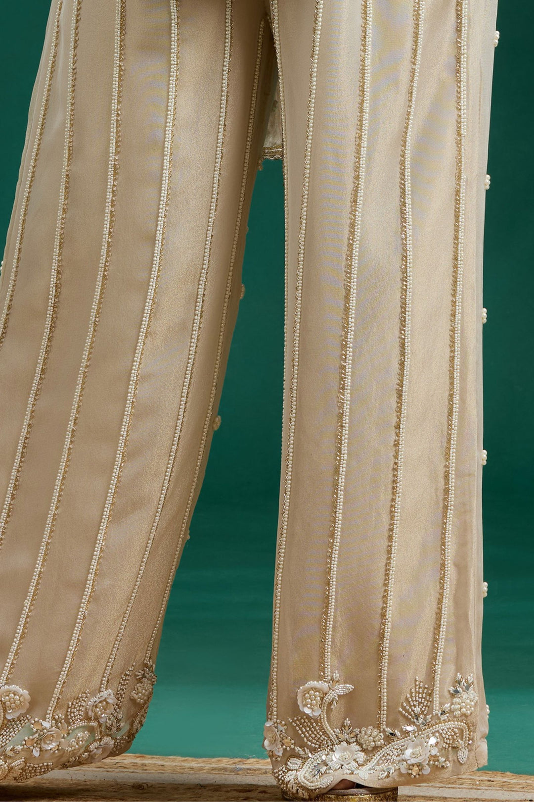Beige Palazzo Set Featuring All-Over Pearl, Beads, Sequins and Mirror