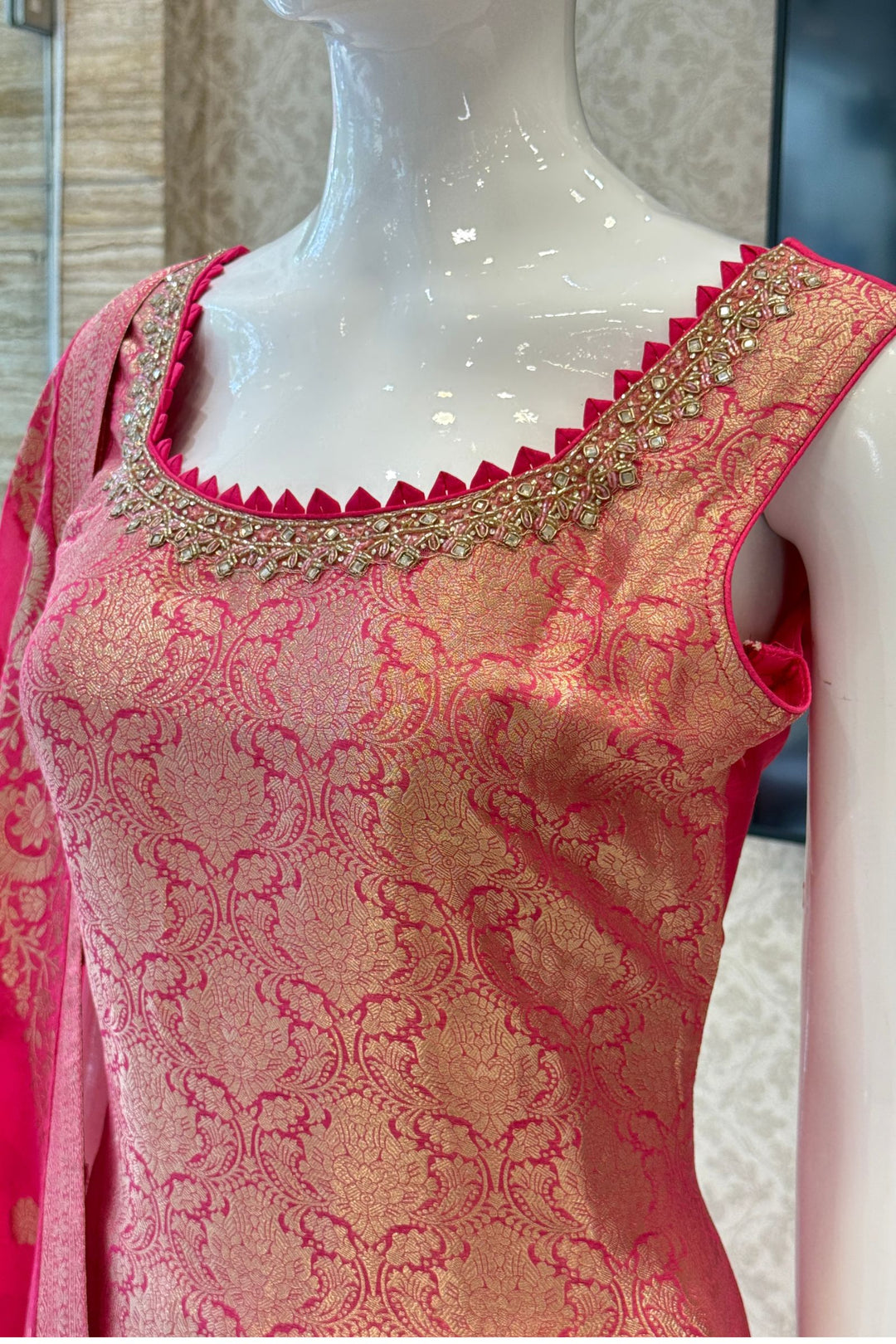 Rani Pink Beads, Mirror, Stone, Banaras and Brocade work Straight Cut Salwar Suit