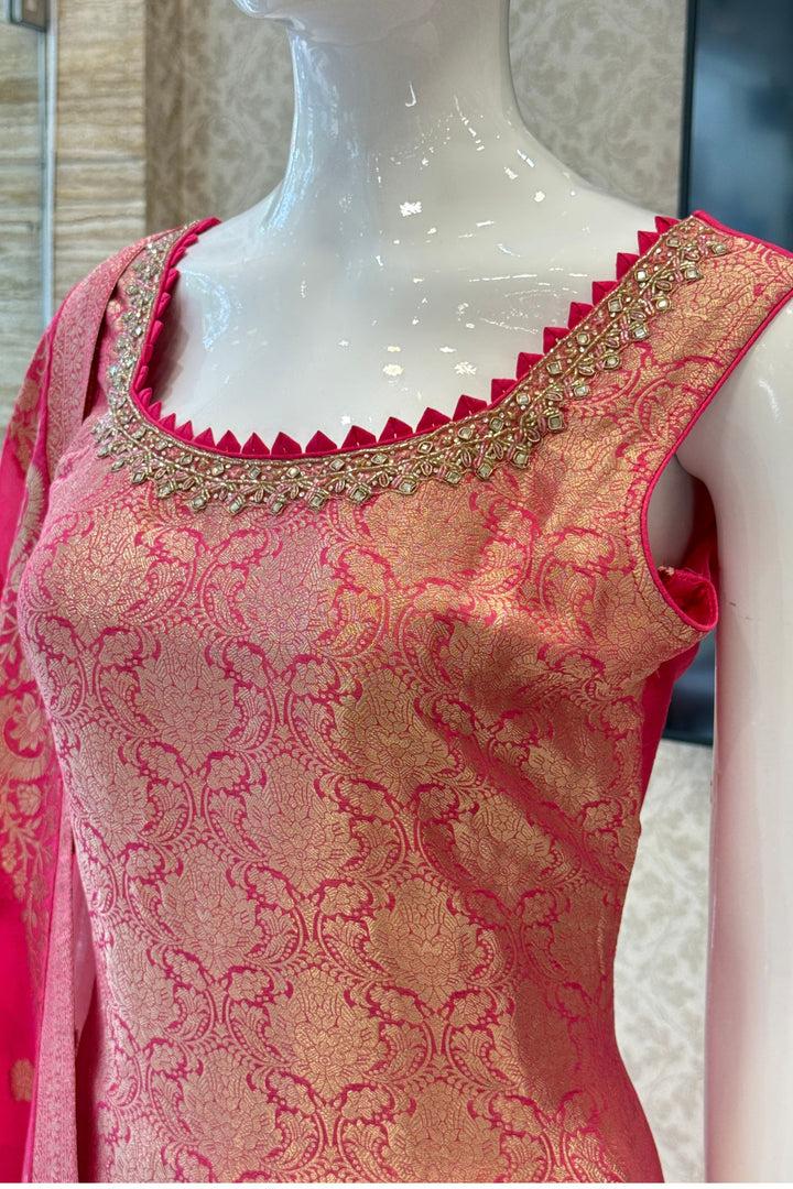 Rani Pink Beads, Mirror, Stone, Banaras and Brocade work Straight Cut Salwar Suit
