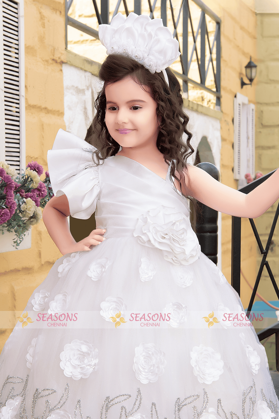 White Satin with Netted Long Party Frock for Girls - Seasons Chennai