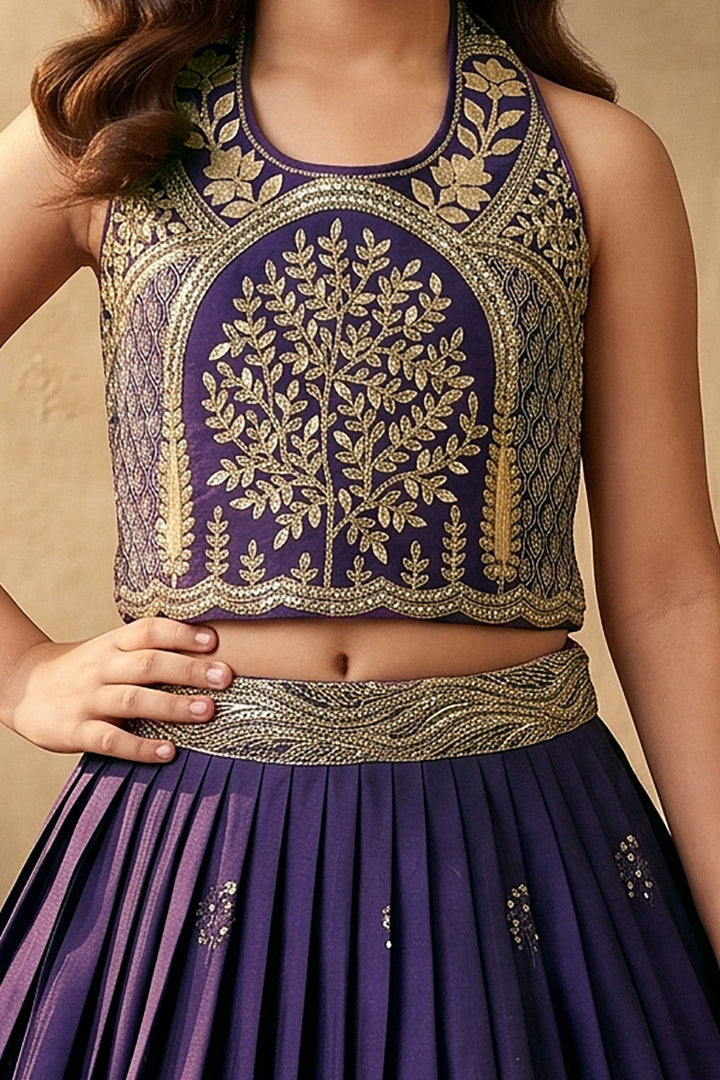 Royal Purple Halter Neck Girls Lehenga Choli with Gold Zari Embroidery and Sequins work