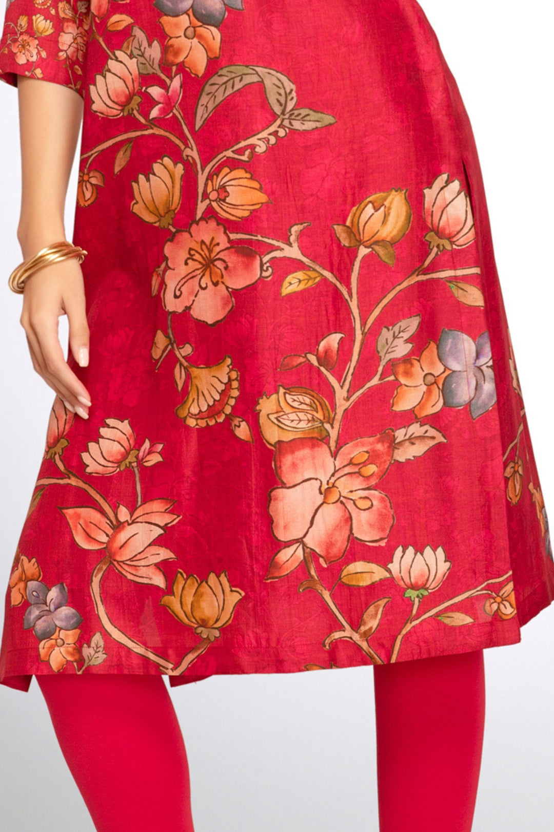 Tomato Red Mirror, Zari and Thread work with Floral Print Calf Length Kurti