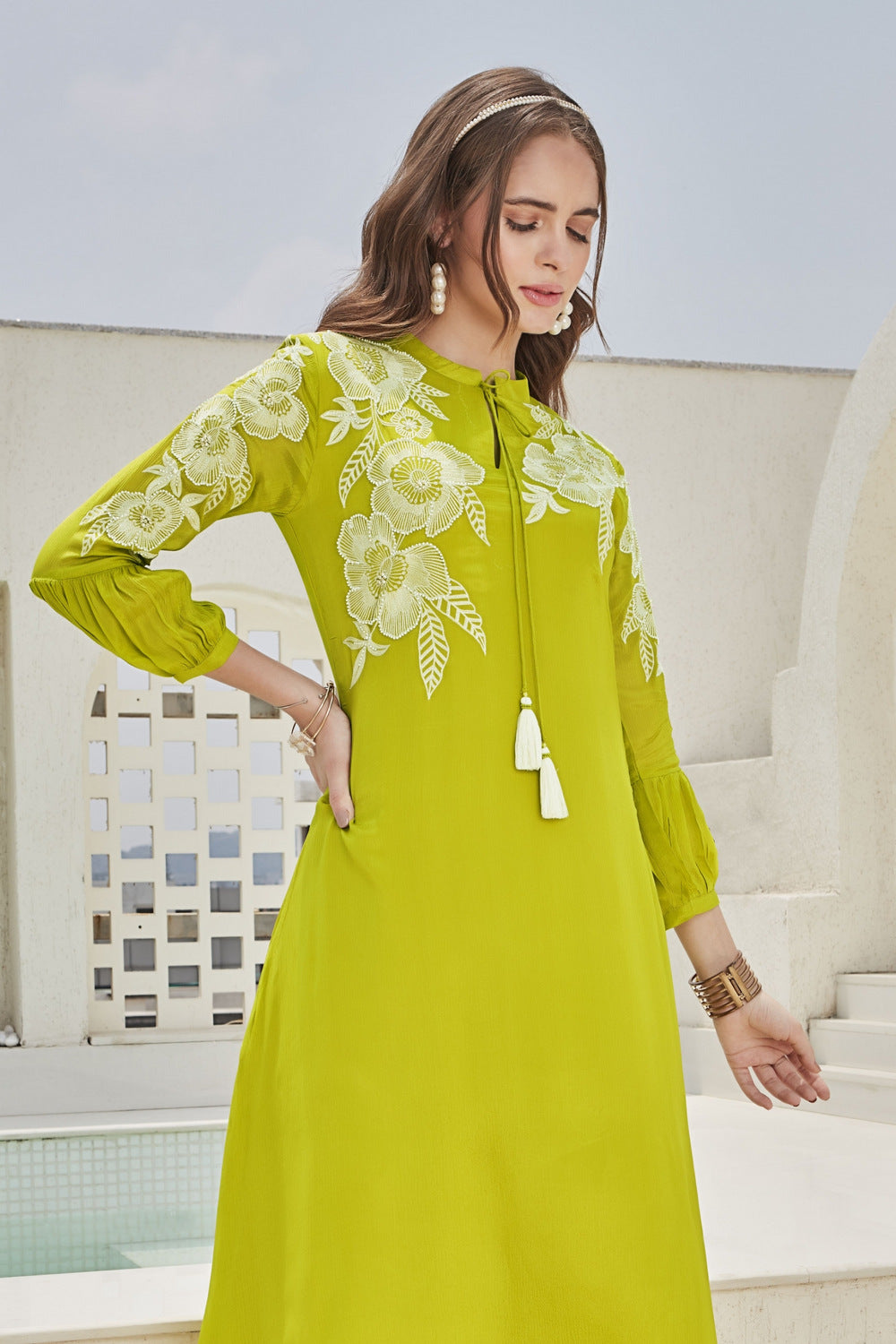 Liril Green Thread and Beads work Anarkali Styled Long Kurti