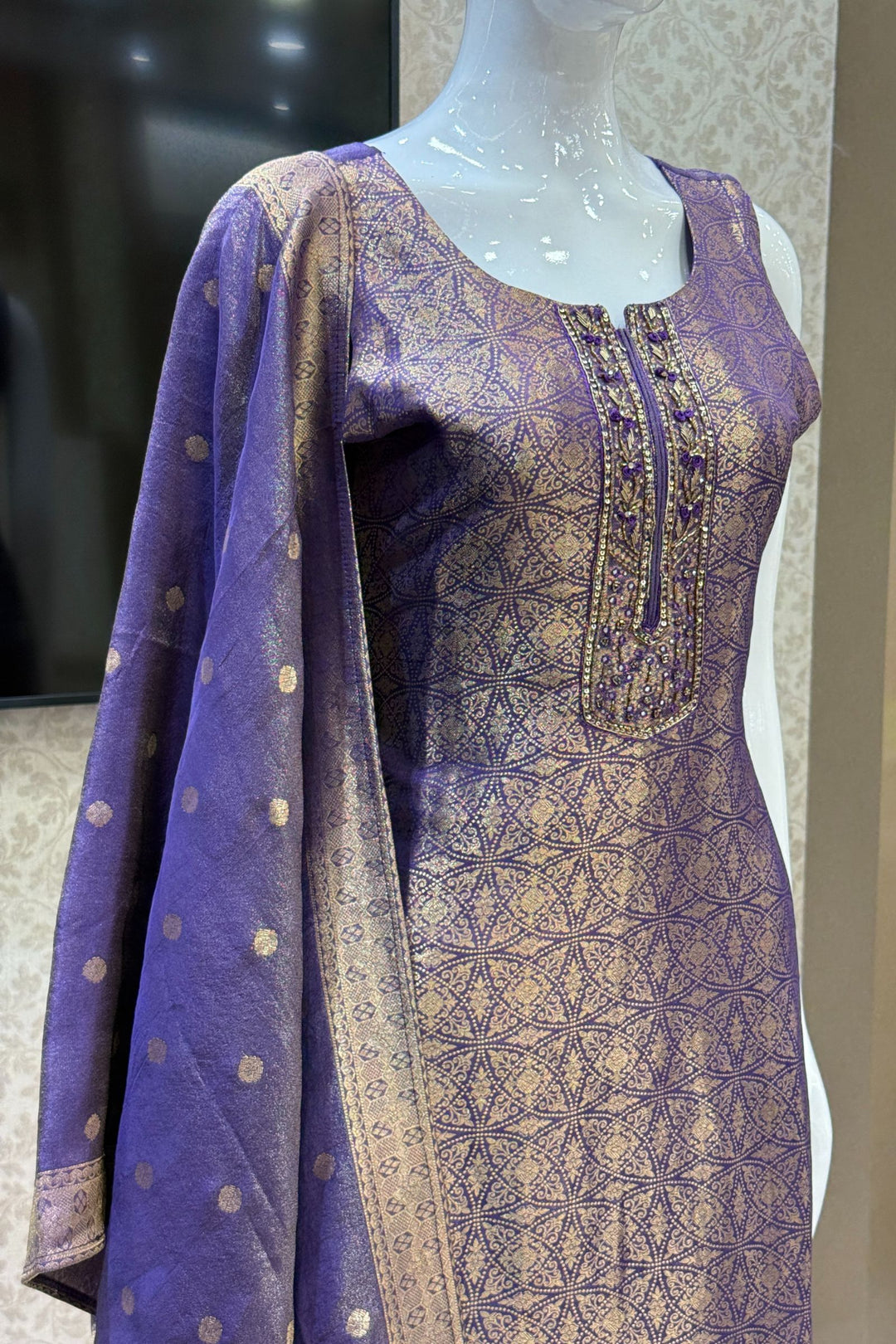 Purple Zardozi, Stone, Beads, Sequins and Brocade work Straight Cut Salwar Suit