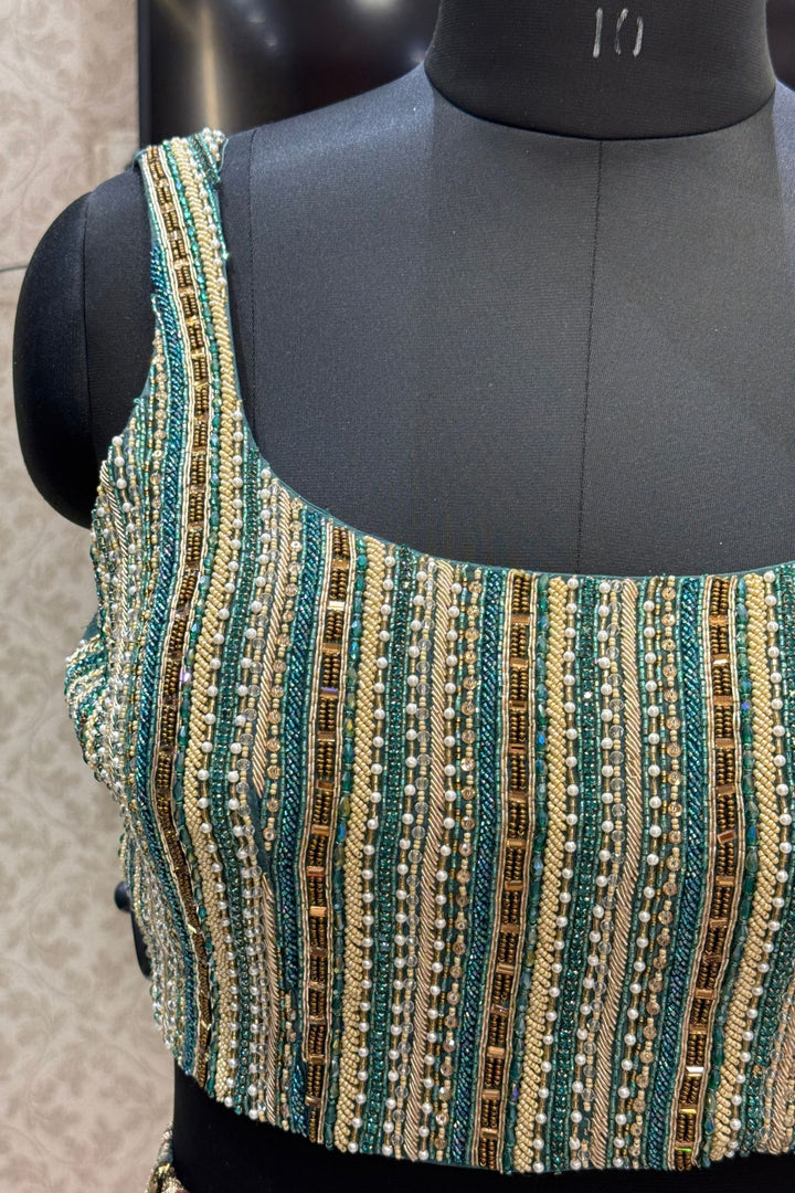 Pastel Green Beads, Zardozi, Sequins, Stone and Zari work with Floral Print Lehenga Set
