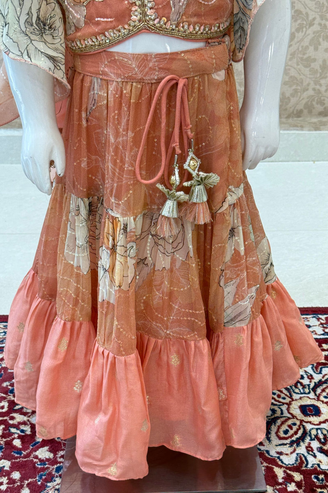 Peach Beads, Thread and Zardozi work with Floral Print Lehenga Choli for Girls