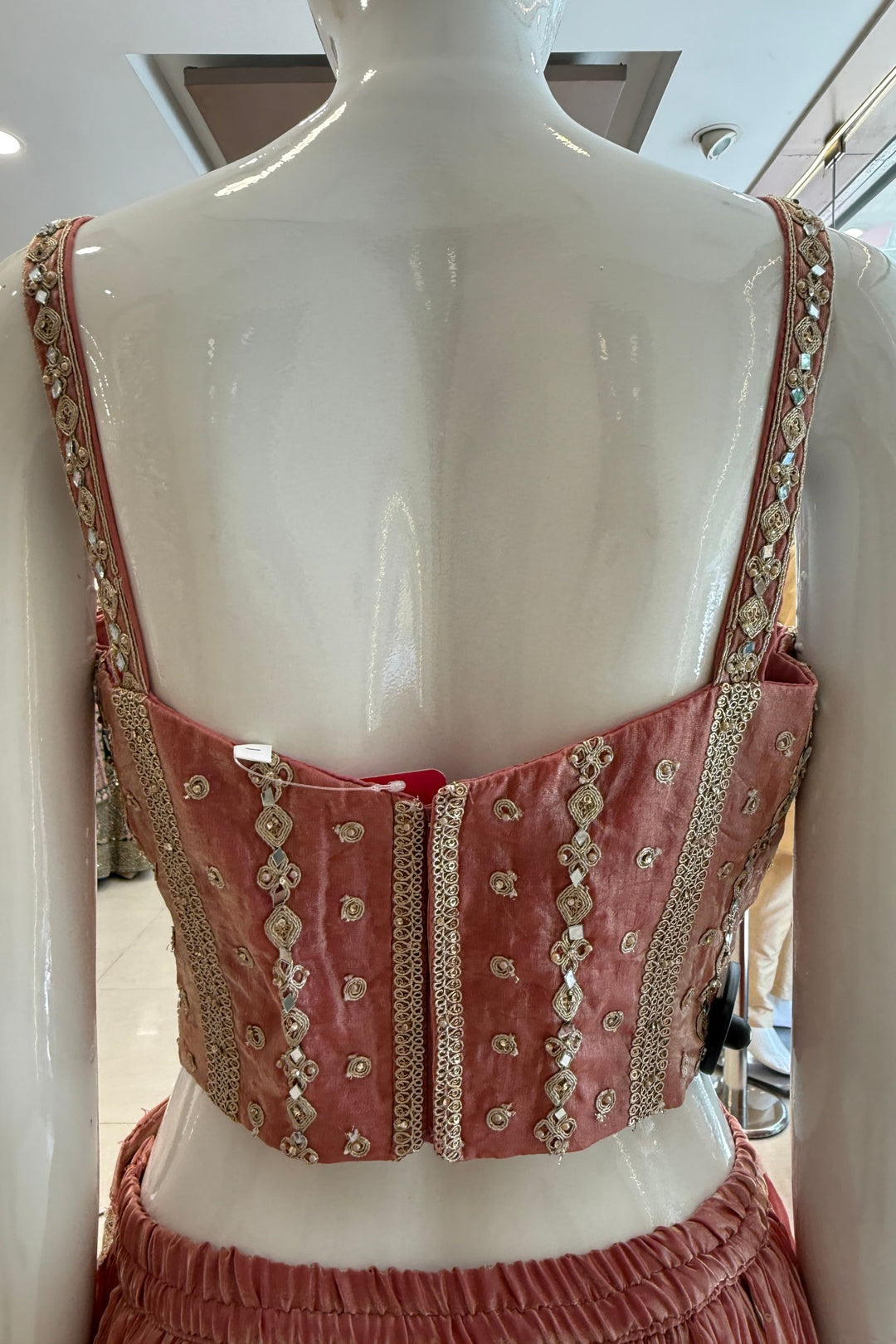 Peach Zari Thread, Mirror and Stone work Palazzo Set with Corset Top