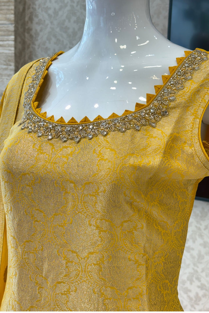 Yellow Beads, Mirror, Stone, Banaras and Brocade work Straight Cut Salwar Suit
