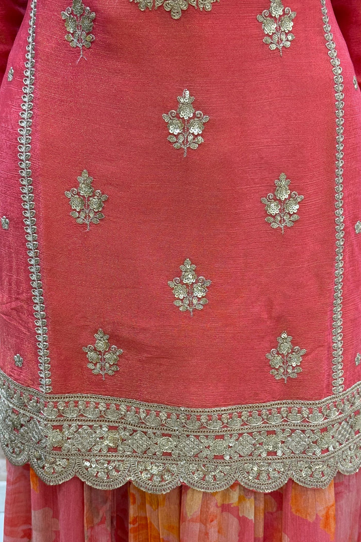 Tomato Red Zari and Sequins work with Digital Print Palazzo Salwar Suit