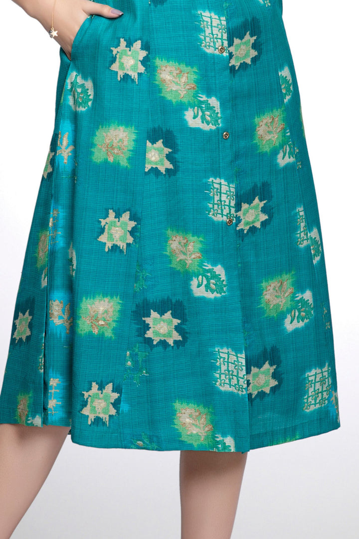Rama Green Digital Print Aline Cut Calf Length Kurti