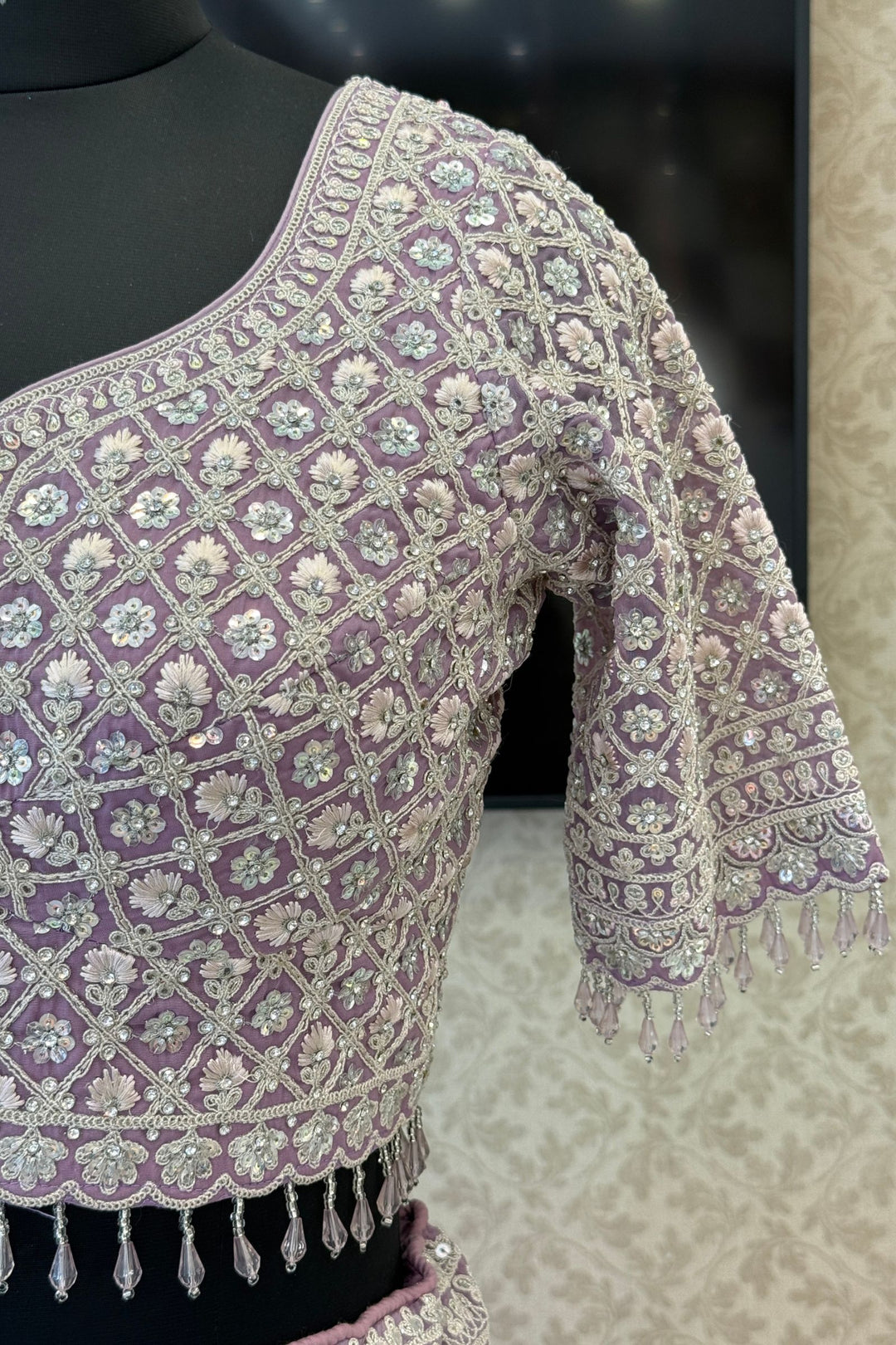 Lavender Wedding Lehenga with Intricate Zardozi, Sequins, Beads and Floral Embroidery