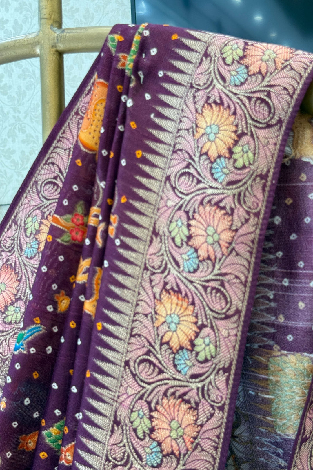 Wine Banaras and Traditional Woven Animal Motifs work with Bandhani Print Saree