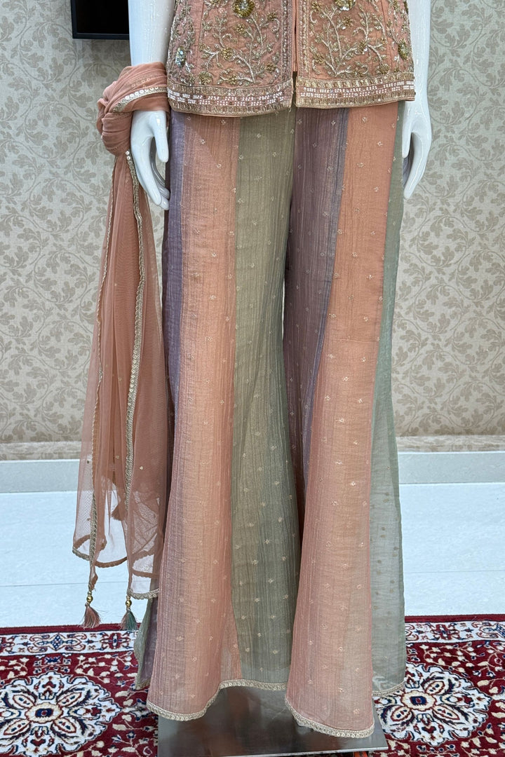 Peach Halter Neck Palazzo Salwar Suit with Zardozi, Beads, Sequins and Zari Detailing