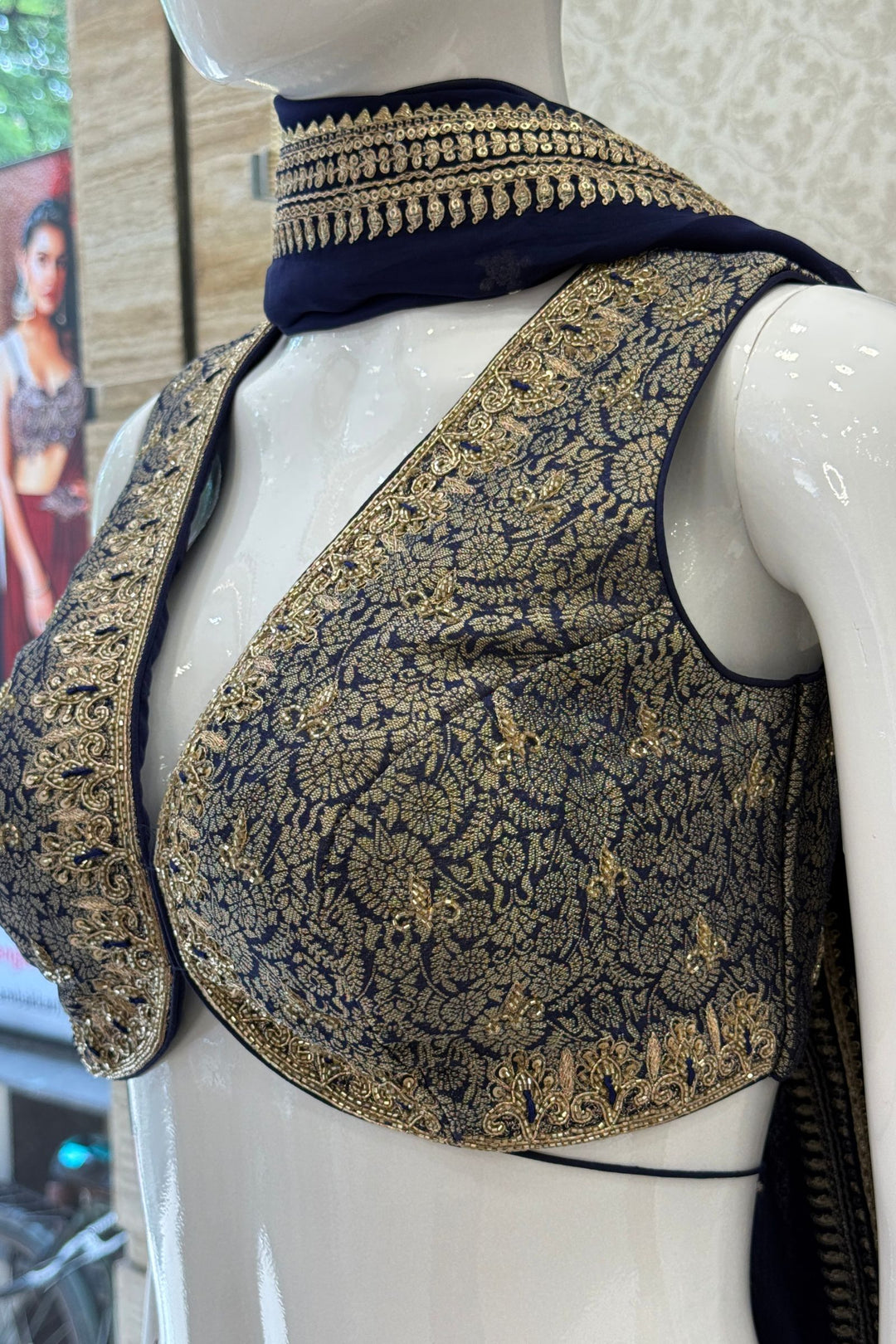 Royal Blue Brocade, Beads, Zari, Zardozi and Sequins work Crop Top Lehenga