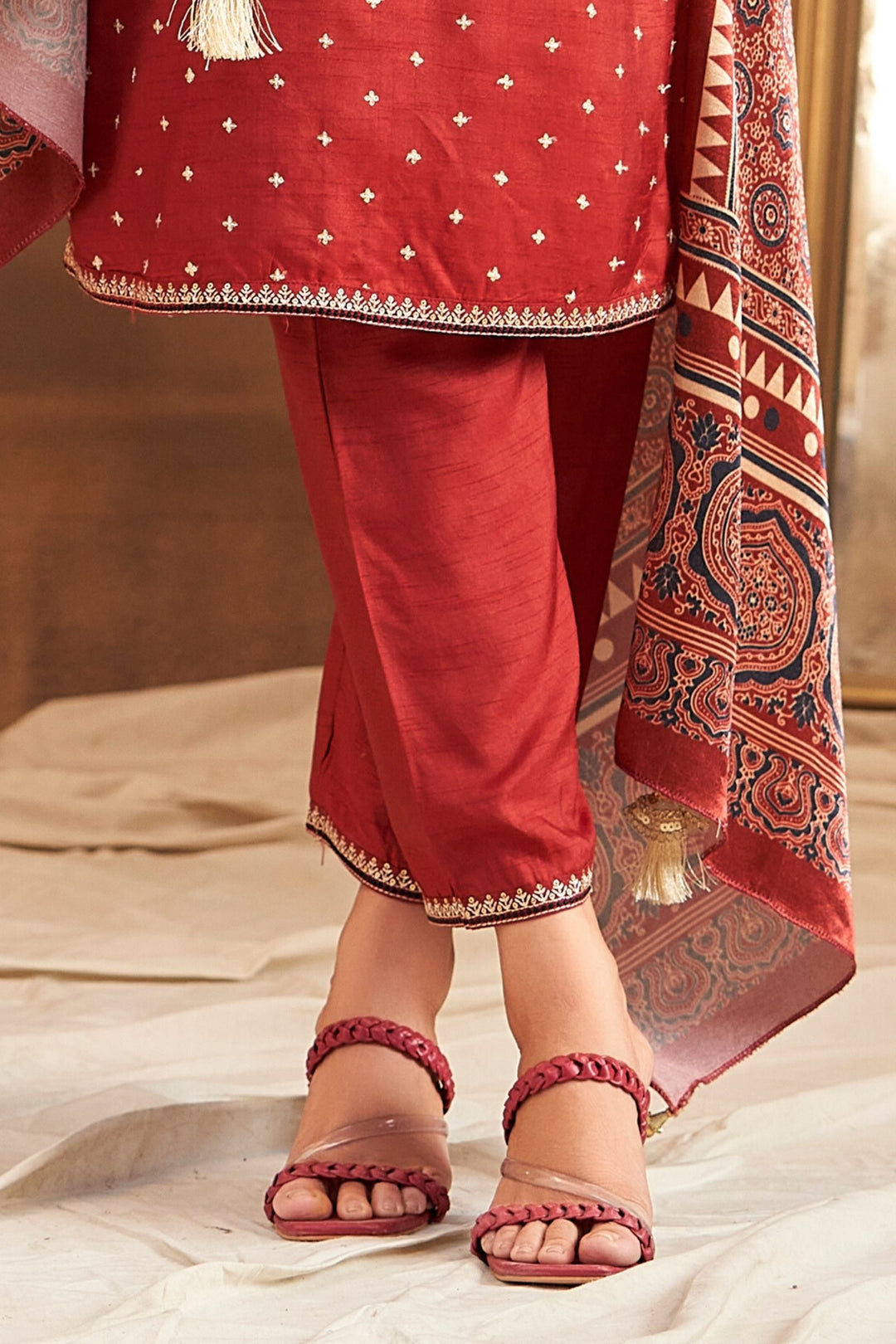 Maroon Sequins and Thread work Straight Cut Salwar Suit with Kalamkari Print Dupatta