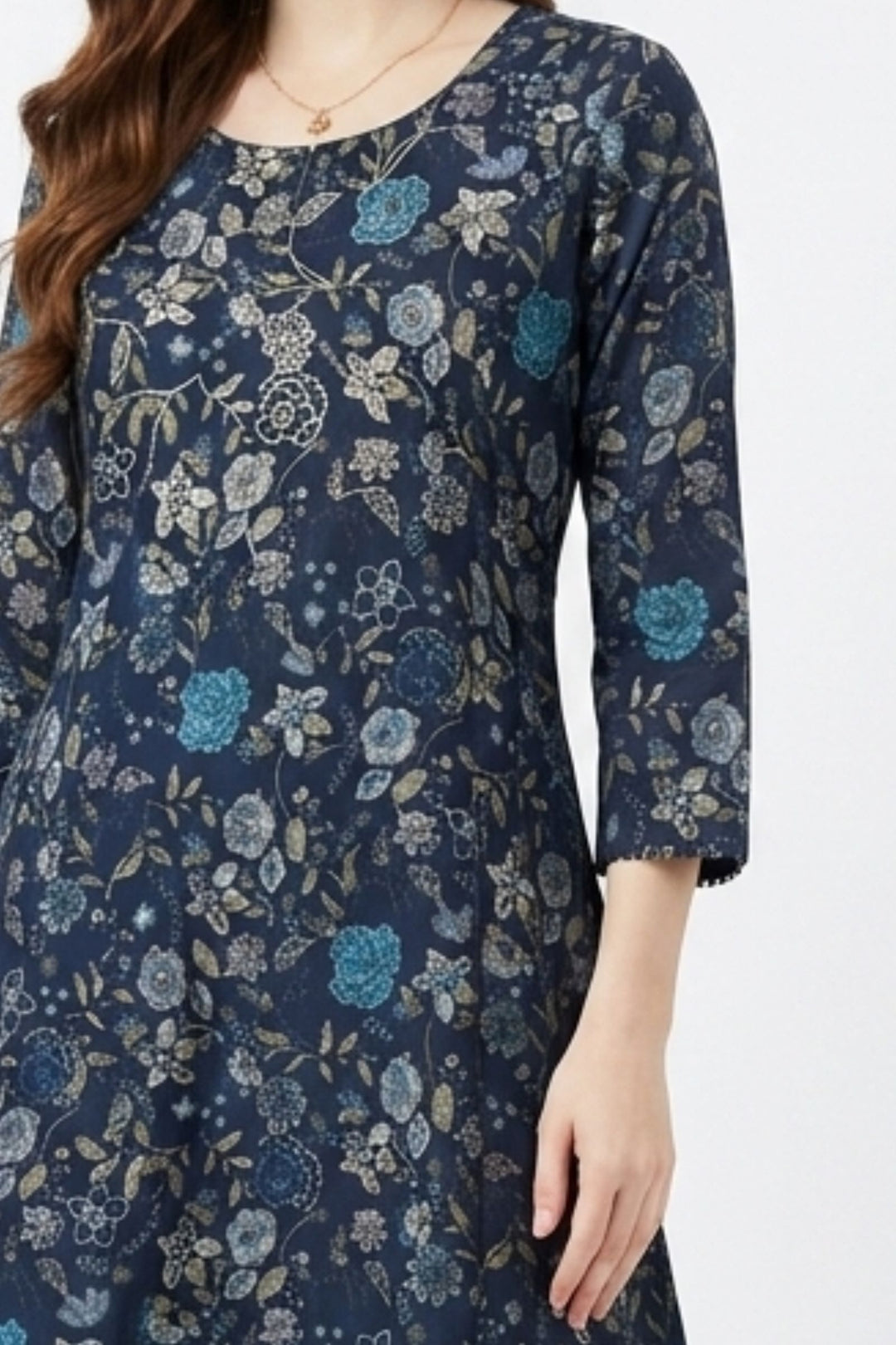 Navy Blue Embroidery and Stone work with Floral Print A-Line Cut Calf Length Kurti