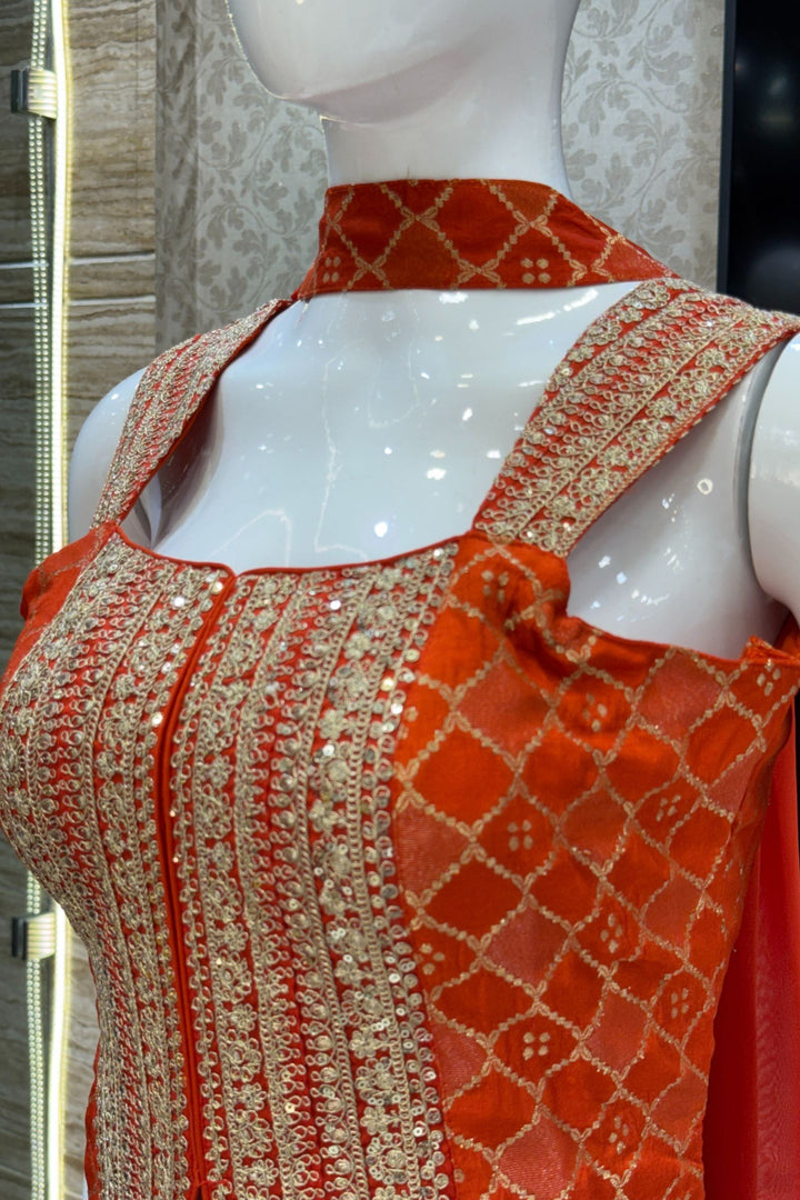 Orange Banaras Zari, Sequins and Zari Thread work Palazzo Suit Set